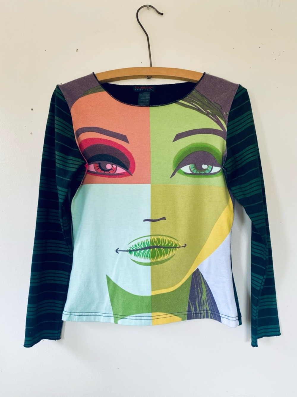 Vintage Custo Barcelona Top Graphic Art Face Stripes Y2K Long Sleeve Shirt S